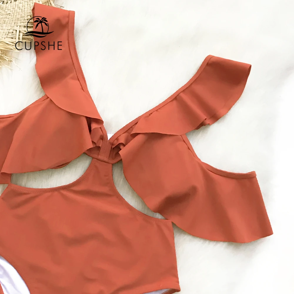 CUPSHE оранжевый с оборками открытыми плечами Цельный купальник женский