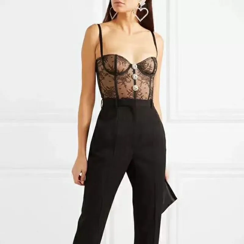 2019 Spring and Summer New Luxury Bright Diamond Button Decoration Sexy Lace Bottoming Waist Vest Top Women | Женская одежда