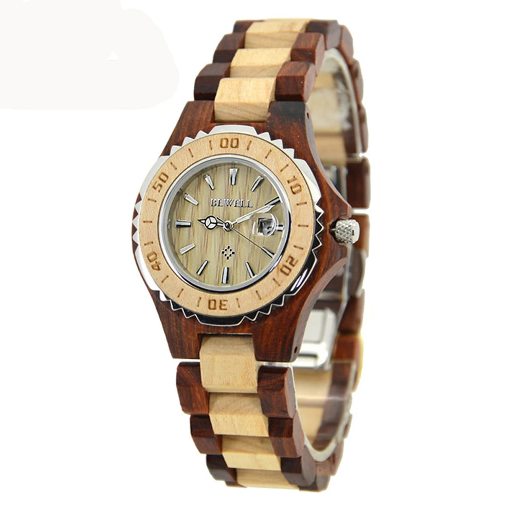 BEWELL дамы кварцевые деревянные часы из нержавеющей стали обратно водостойкий
