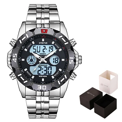 black with box Stryve 8011 Relojes брендовые водонепроницаемые военные спортивные часы мужские Цифровые кварцевые часы из нержавеющей стали с двойным дисплеем montre homme - Цвет: black with box