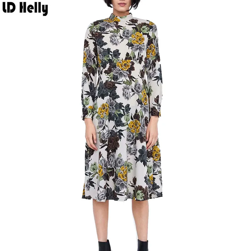 LD Helly Elegant Women Floral Print Dress Stand Collar Pleated Long Sleeve Mid-Calf Dresses Ladies Office Workwear Vestidos | Женская
