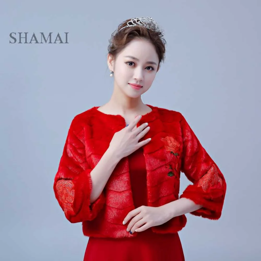 Красная Зимняя Свадебная куртка SHAMAI из искусственного меха женская свадебная