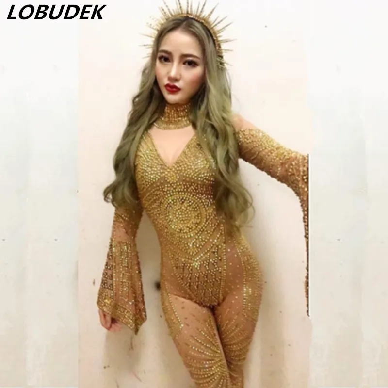 Женский костюм певицы с яркими кристаллами сексуальный комбинезон для