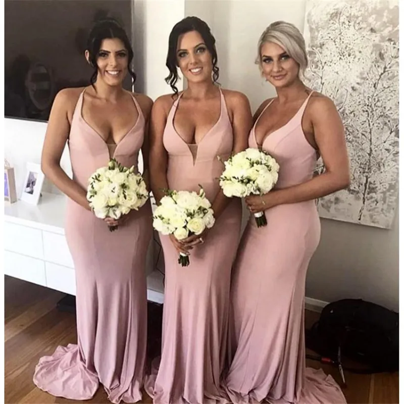

Sexy Deep V-Neck Wedding Bridesmaid Dress Charming Pink Halter Sleeveless Dress for Wedding Party Robe Demoiselle D'honneur