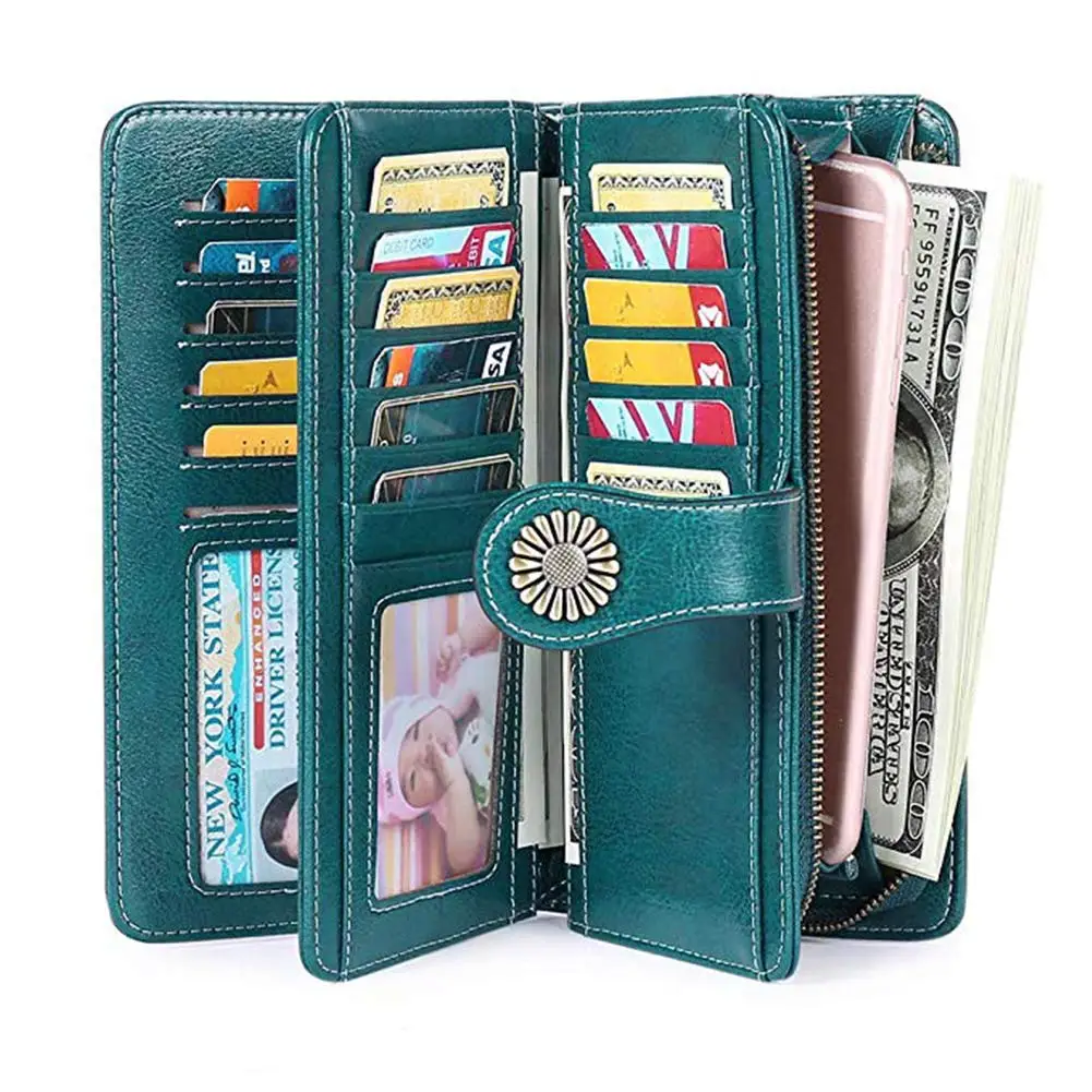 Кошельки для женщин большая емкость RFID Блокировка кожаный длинный тройной клатч