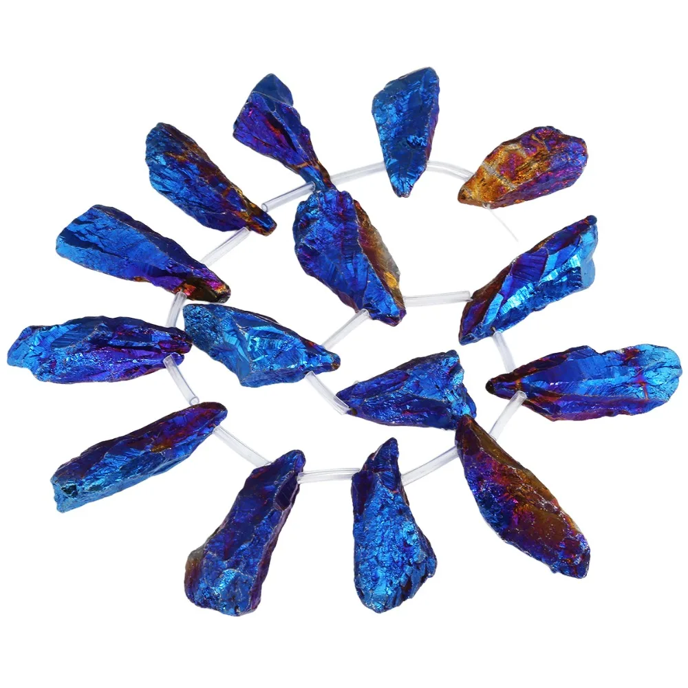 

TUMBEELLUWA Blue Titanium Coated Natural Crystal Point Aura Quartz Raw Stone Loose Beads Strand,for Jewelry Making Top Drilled