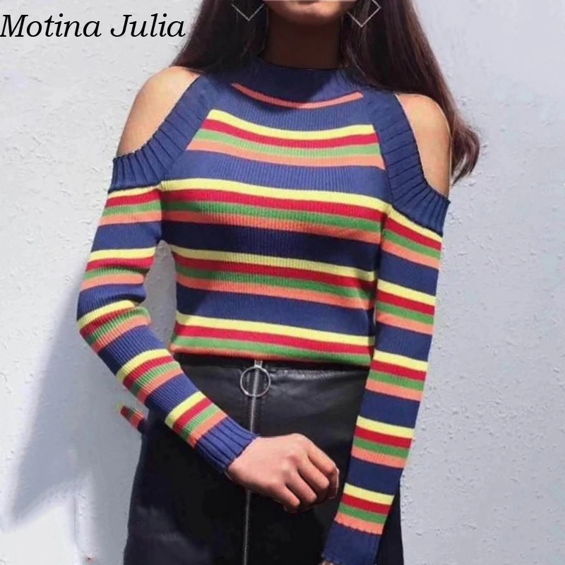 Motina Julia сексуальное платье в полоску с открытыми плечами вязаный свитер женский