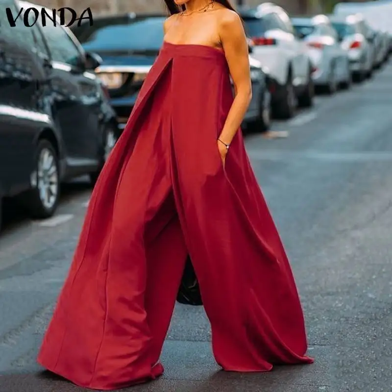 Женский комбинезон с широкими штанинами VONDA повседневный открытыми плечами