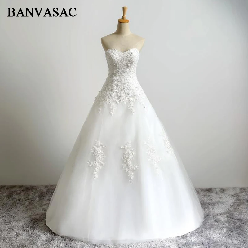 

BANVASAC 2017 новые элегантные свадебные платья без бретелек с вышивкой без рукавов с бисером атласные кружевные свадебные платья