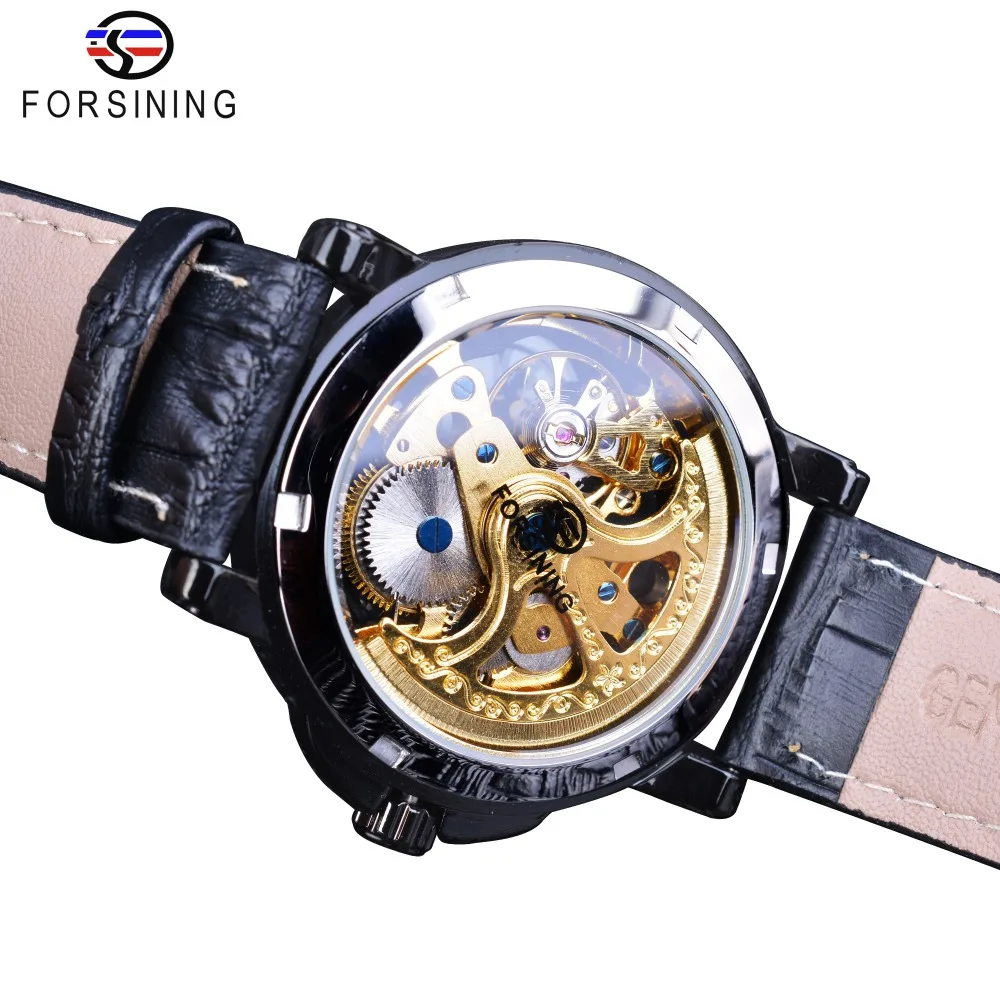 Forsining 2018 Royal Flower Carving Gear Golden Openwork Black Genuine Leather Mens Mechanical Watch Top Brand Luxury Male Clock | Наручные