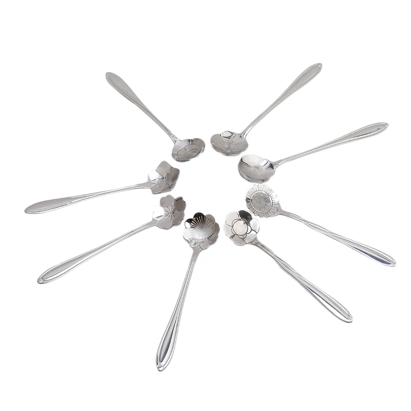 

8PCs/ Set Cherry Blossoms Stainless Steel Tea Coffee Spoon Teaspoons Ice Cream Sugar Flatware Gold Kitchen Tableware