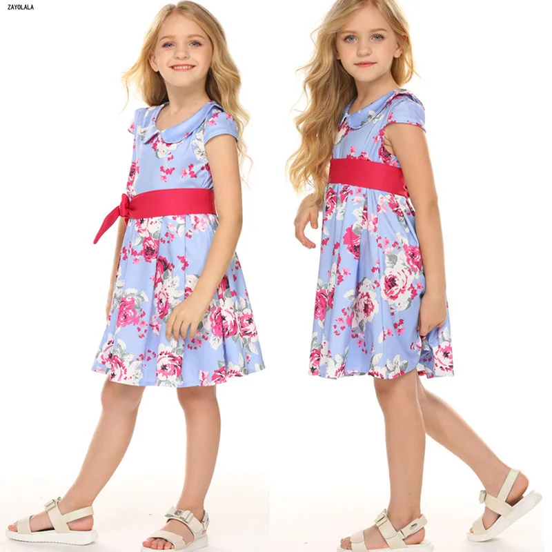 Children Flower Dresses For Girls Summer Kids Clothes Short Sleeve Belt Printed Princess Dress 3 4 5 6 7 8 Years | Детская одежда и