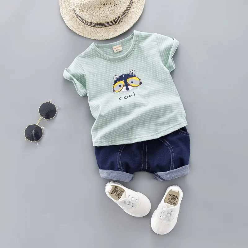 JIOROMY 2019 Children's Garment Short Sleeve Suit Stripe Cartoon Twinset Male Girl Children |