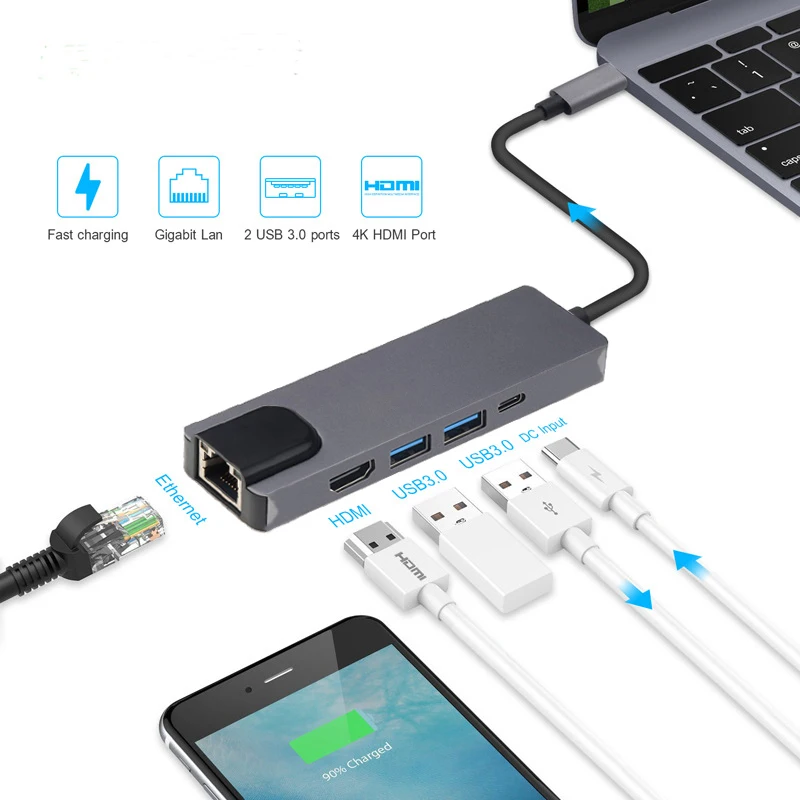 5 в 1 Тип C к HDMI 4K ТВ USB 3 0 видео адаптер конвертер для MacBook до 1000 Мбит/с Gigabit Ethernet Lan RJ45