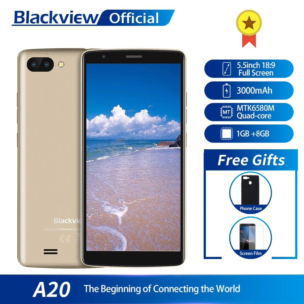 В наличии Blackview A20 смартфон 18:9 5 дюймов экран Android Go двойная камера 1 Гб + 8 MT6580M 3000 мАч