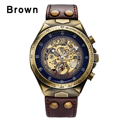 SH188Brown Стимпанк бронзовые автоматические часы мужские механические часы винтажные Ретро кожаные прозрачные часы с скелетом мужские часы montre homme - Цвет: SH188Brown