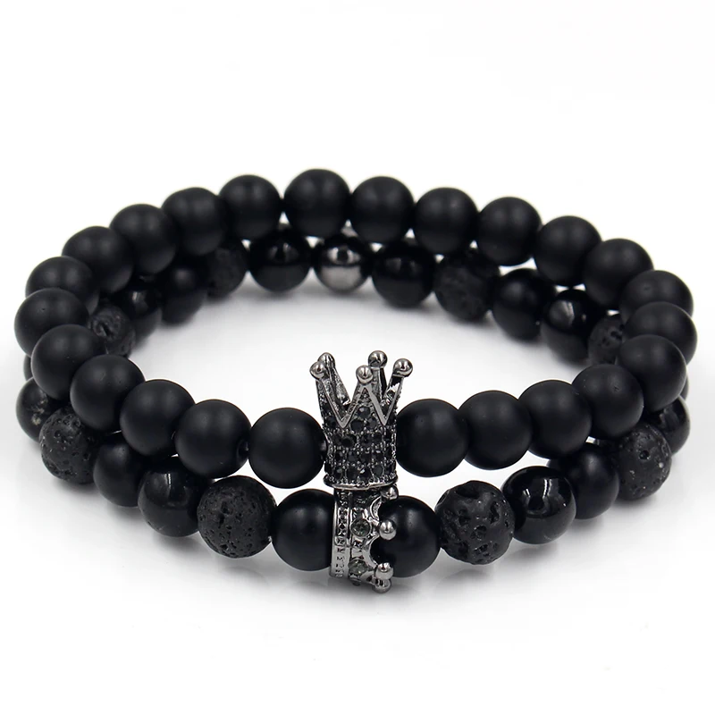 Wholesale 2Pcs/Set Natural Stone Bead Bracelet Crown Charm King Queen Buddha Bracelet Sets for Women and Mens Pulseras Masculina images - 6