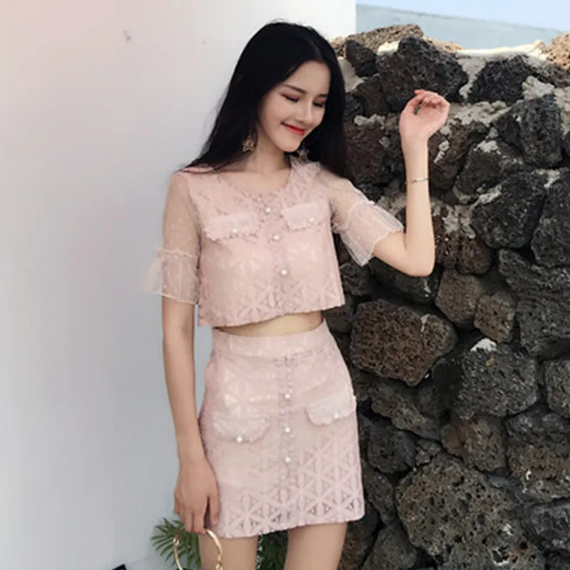 Летний модный комплект из 2 предметов Vestidos новинка 2019 Женская Милая Кружевная