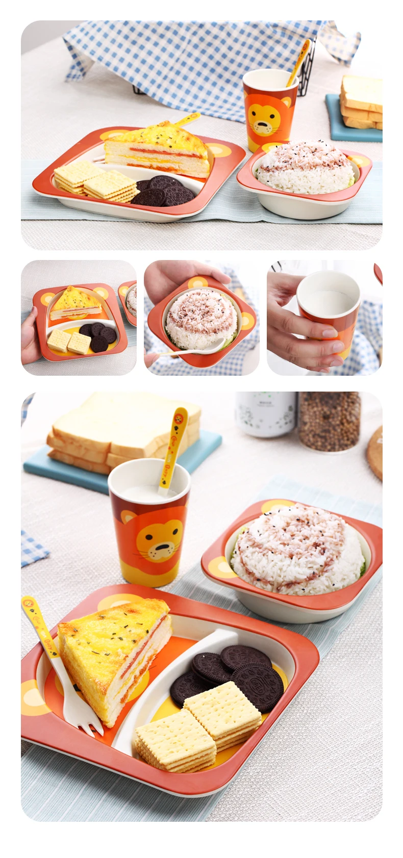 WORTHBUY Cute Cartoon Kids Dinnerware Set Eco-Friendly Bamboo Fiber Dinner Set Children Cutlery For School Picnic Tableware