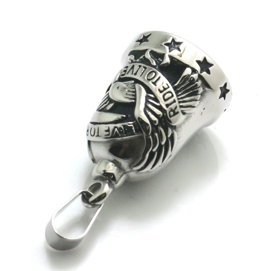 Mens 316L Stainless Steel Cool Ride To Live, Live To Ride Stars Silver Eagle Biker Newest Ring Bell Pendant