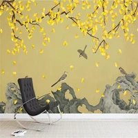 ginkgo hand painted flowers and birds background wall professional production murals wholesale wallpaper mural poster photo wall