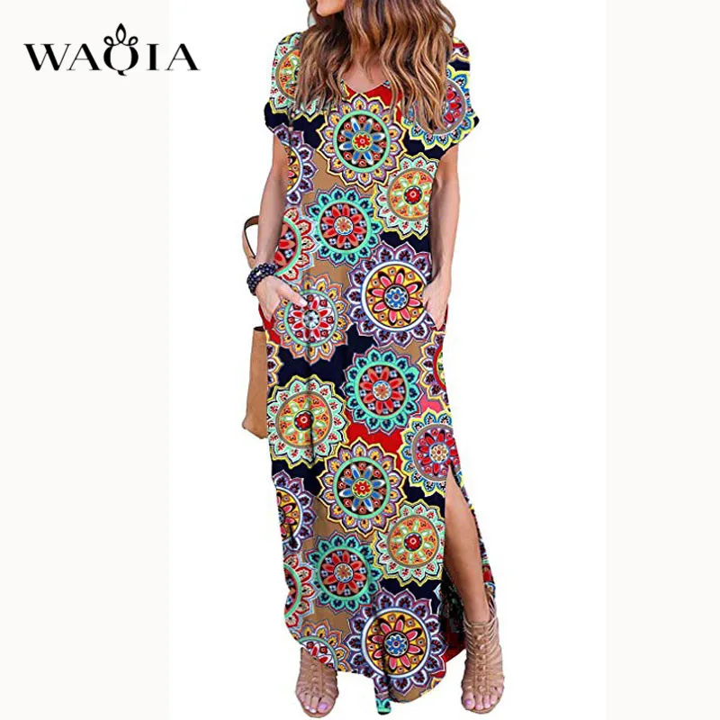 WAQIA 2019 женское летнее платье с цветочным принтом повседневное длинное коротким