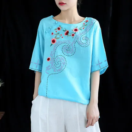 Buykud женские блузки 2019 вышивка короткий рукав круглый воротник OL рубашка рами