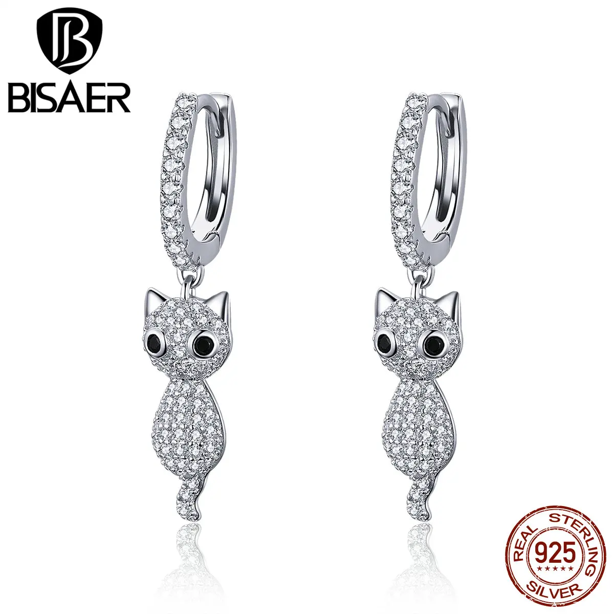 BISAER, серьги в виде животных, 925 пробы, серебро, кошка, киска, серьги-гвоздики, Ослепительный CZ Кристалл, животное, кошка, серьги серебряные украшения ECE519