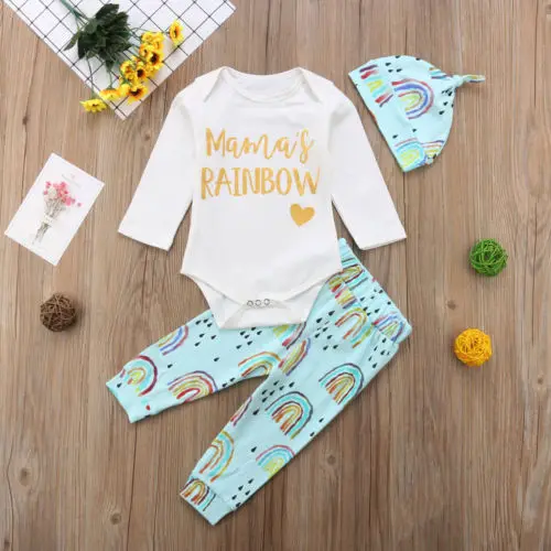 2018 Canis Infant Kids Baby Girls Boys Long Sleeve Mama Rainbow Romper Pants Hats Outfit Autumn Set Clothes | Детская одежда и