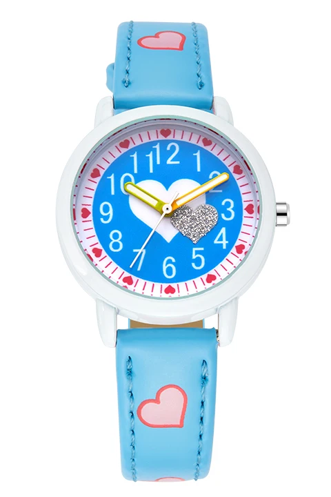 blue watch KEZZI Love Hearts детские наручные часы для девочек с кожаным ремешком с принтом Мультяшные детские часы для студентов кварцевые наручные часы Повседневная мода Horloge - Цвет: blue watch