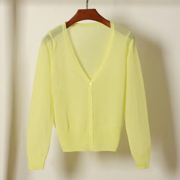 light yellow Queechalle 20 цветов короткий кардиган пальто на лето и весну женская V образным вырезом Ice Шелковый Тонкий Пальто для будущих мам розовый, белый, черн - Цвет: light yellow