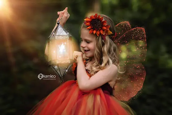 Cute Girls Orange Fairy Tutu Dress Kids Halloween Tulle Ball Gown with Butterfly Wing Children Cosplay Costume Party | Детская одежда и