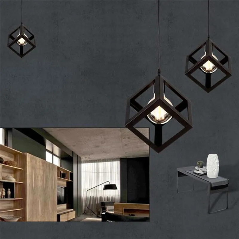 

Retro Creative Iron Pendant Ceiling Light Industrial Lamp Chandelier Single LOFT Square Wind Bar Restaurant LED Light With Bulb