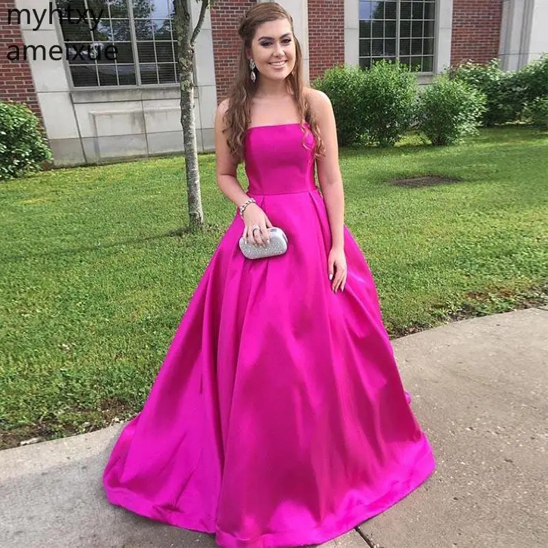 Event Simple A-line Prom Dress Strapless Neckline Long Formal Party Fuchsia Pink Sweep Train Cheap Vestido De Formatura Lace Up