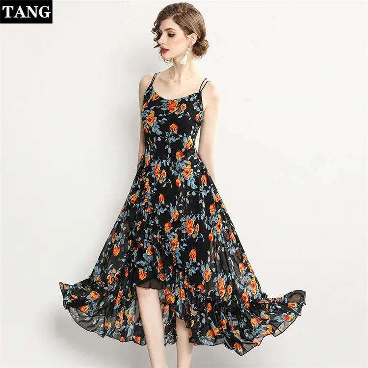 Tang 2019 Новое Женское летнее пляжное платье без рукавов с бретельками шифоновое