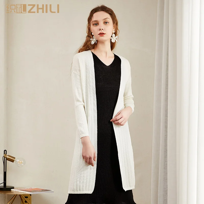 

ZHILI Thin Long Sleeve Split Hem Loose Cardigan Women Long Outerwear