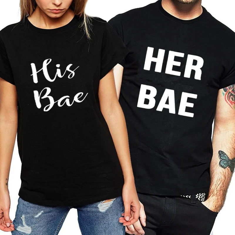 Летняя новая брендовая футболка для пары с буквенным принтом her bae забавная