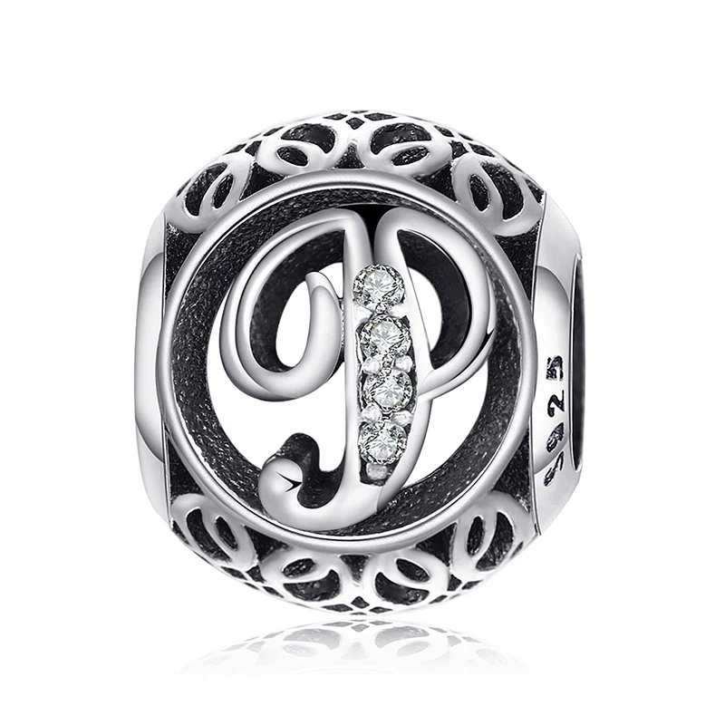P JewelryPalace Винтаж Письмо A-R кубического циркония Aucthentic 925 пробы Серебряный браслет DIY ювелирных подарки для нее - Цвет: P