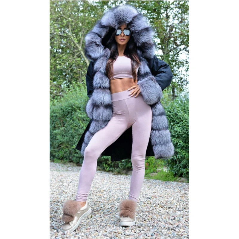 FURSARCAR 2021 New Fashion Real Fur Parka Women Thick Luxury Silver Fur Collar Jacket Winter Fur Female Black Parkas Plus Size