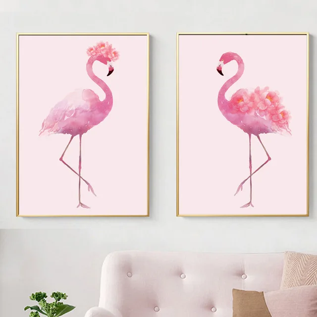 Розовые Фламинго Цветочные постеры и принты Скандинавское украшение для девочки