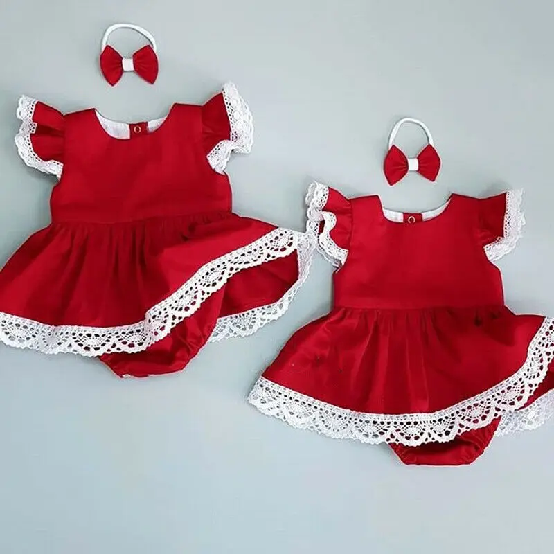 

UK Newborn Baby Girl 0-24M Xmas Clothes Lace Romper Dress Jumpsuit Headband Outfit Set