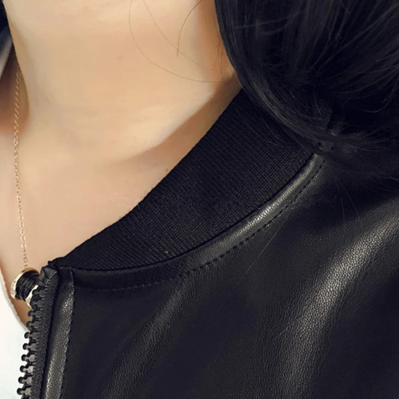 

Women Casual Black PU Bombe Biker Jacket 2018 New Fashion Autumn Winter Long Sleeve Femme Faux Leather Jacket