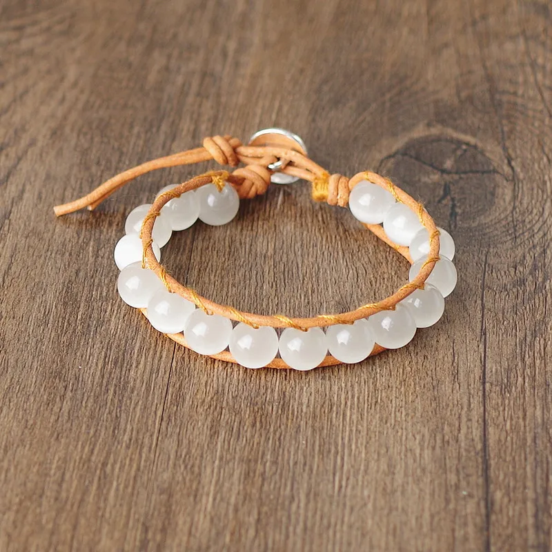 Женский и мужской кожаный браслет из натурального камня 10 мм с опаловыми