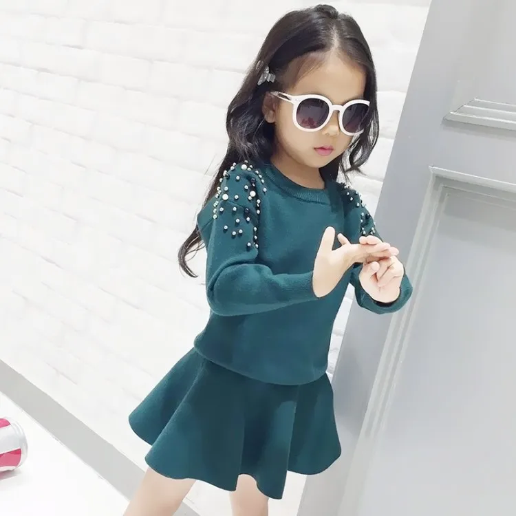 Spring Winter baby sweater + knitted skirt girls 2 pcs set kids knit suit children quality clothes pearl patch solid 4 to 9 yrs | Мать и