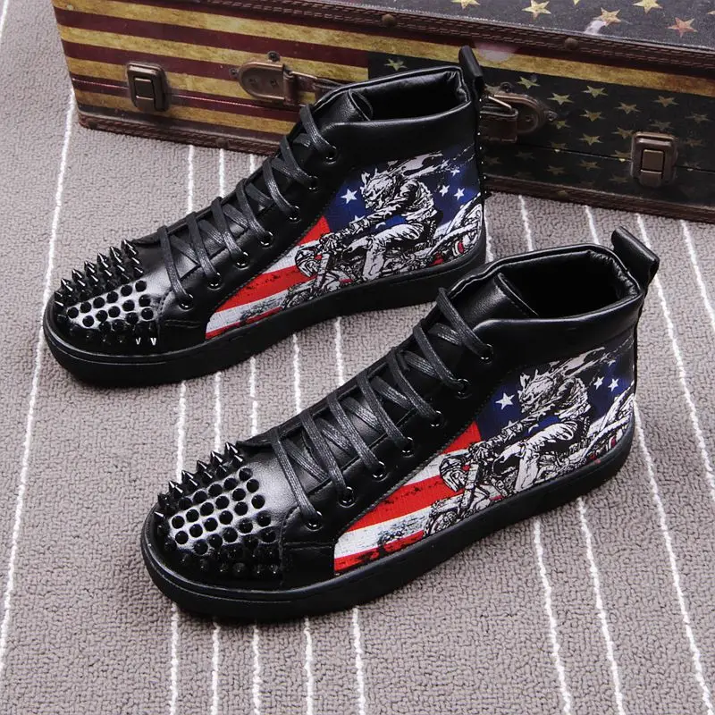 Harga Panda Suka Diemong Pria Kembang Api Bordir Sepatu Tinggi Atas Kanvas Platform Datar Renda-Up Rivet Pergelangan Kaki Payet Zapatillas Hombre