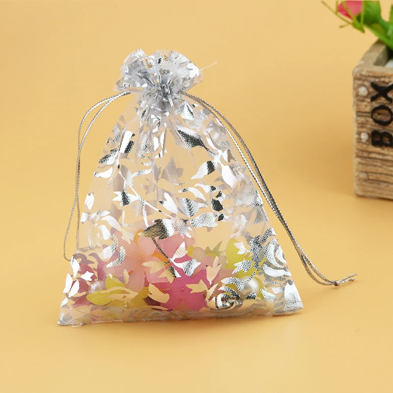 

15x20cm White Jewelry Package With Silver Rose Printed Drawstring Jewelry Bags Large Drawstring Pouches Organza Bags 500pcs/lot