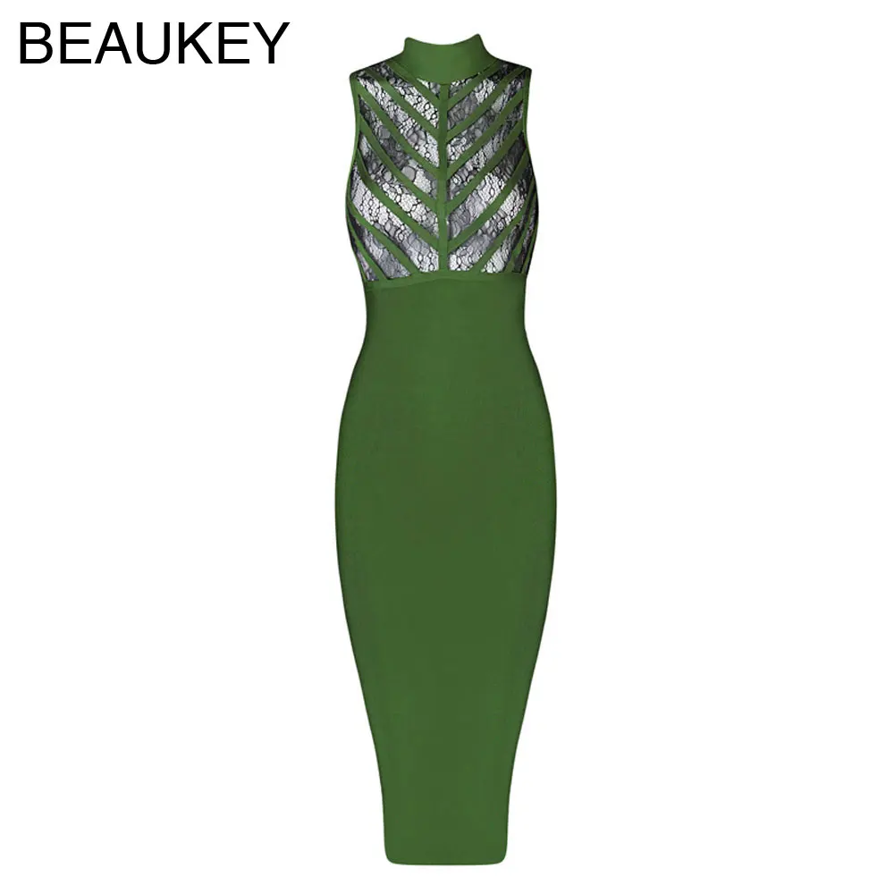 Женское облегающее платье до колен кружевное зеленое Бандажное без рукавов из