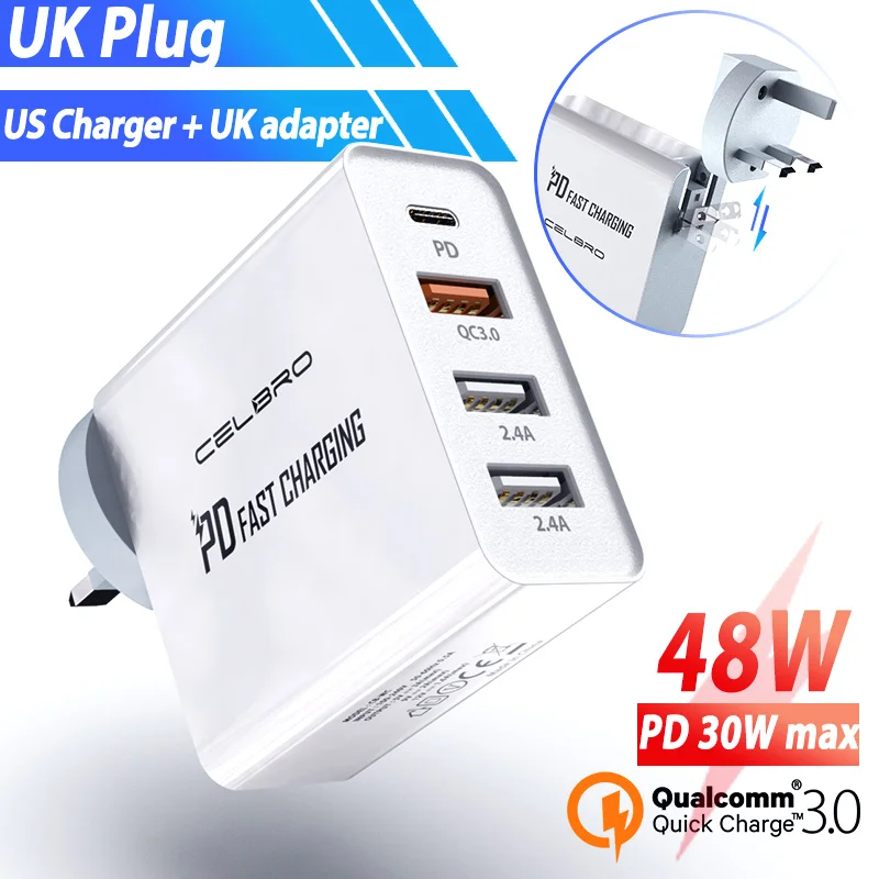 UK Charger 48 Вт Быстрая зарядка QC 3,0 Usb зарядное устройство Usb C PD зарядное устройство для Xiaomi Redmi Note 8 Pro Google Pixel 4 несколько Usb портов настенное зарядное устройство s - Тип штекера: UK Charger