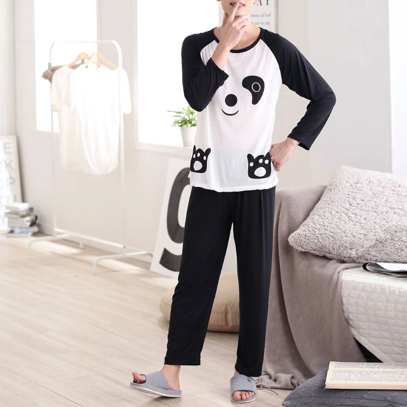 Autumn Couples Sleepwear Cartoon Panda Long Sleeve Pullover Pajamas Set Women Man Casual Nightwear Set