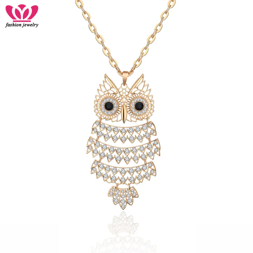

Full Clear AAA Crystal Necklace & Pendant Big Owl Animal Rose Silver Plated Long Multiple Crystal Statement Necklace Party Gifts